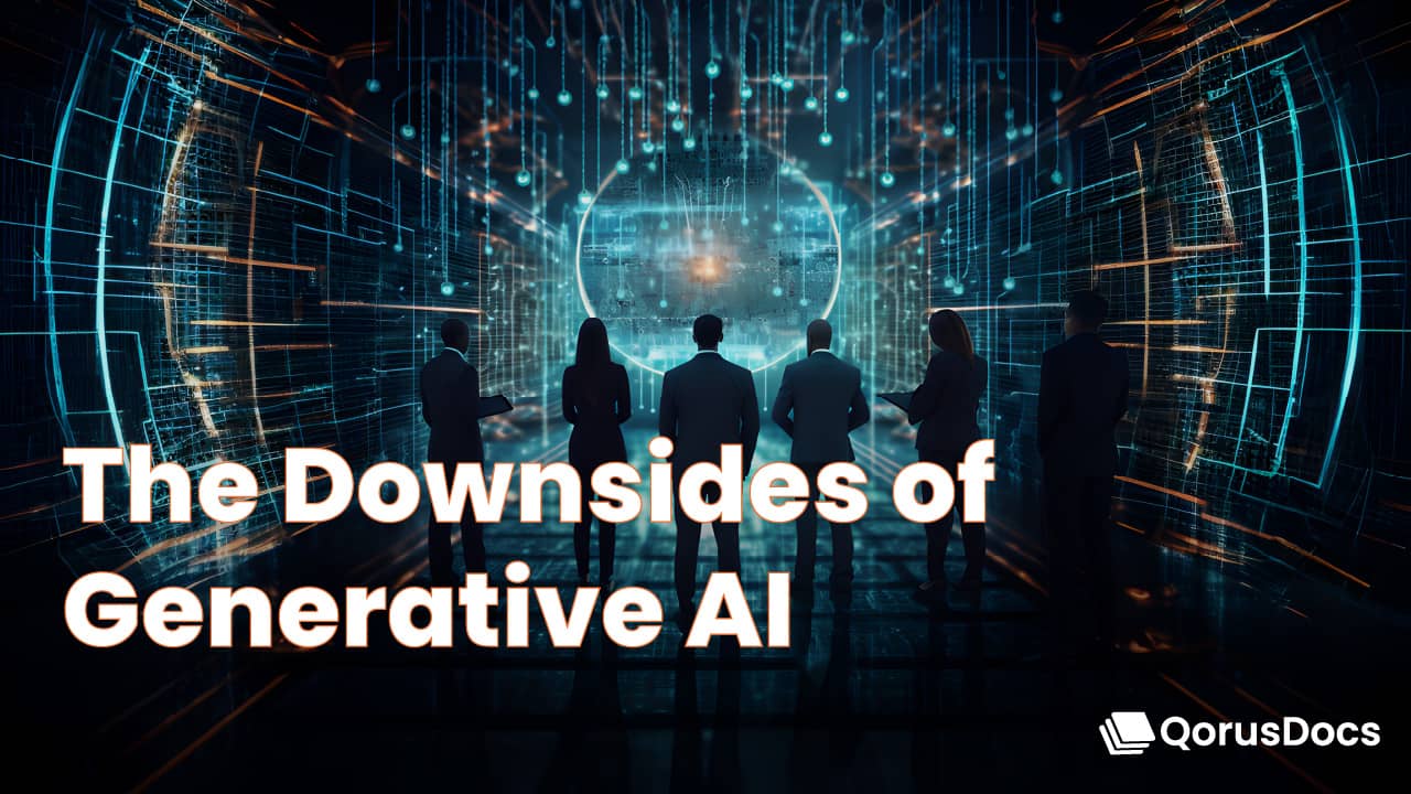A group of business people stand before an ominous glow of of streaks of light representing AI.