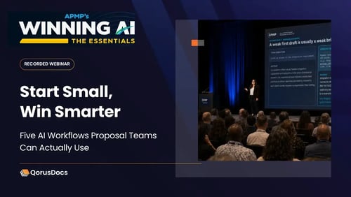 Olivia Hardy presenting five practical AI workflows for proposal teams at APMP Winning AI Essentials.